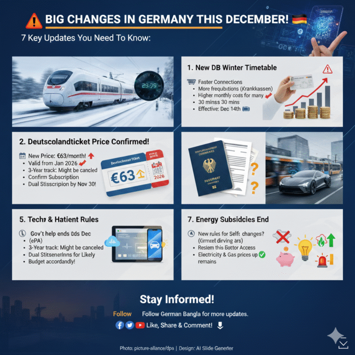 জার্মানির ডিসেম্বর ২০২৫ এর ৭টি প্রধান পরিবর্তনের দৃশ্যমান সারসংক্ষেপ। একটি ICE ট্রেন, স্বাস্থ্য অ্যাপ, জার্মান পাসপোর্ট এবং মূল আপডেটের তালিকা দেখা যাচ্ছে। জার্মানির ডিসেম্বর ২০২৫ এর ৭টি প্রধান পরিবর্তনের দৃশ্যমান সারসংক্ষেপ। একটি ICE ট্রেন, স্বাস্থ্য অ্যাপ, জার্মান পাসপোর্ট এবং মূল আপডেটের তালিকা দেখা যাচ্ছে।