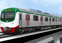 Dhaka Metro: Wie eine neue Bahnlinie das Gesicht einer Megastadt verändert Ein moderner Zug der Dhaka Metro Rail fährt auf der Hochbahn durch die Stadt.