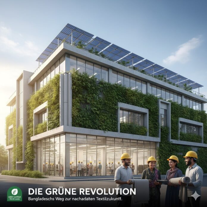 Bangladeschische Ingenieure vor einer modernen, umweltfreundlichen Textilfabrik mit Solarpaneelen, die den Erfolg des Landes in nachhaltiger Produktion symbolisiert. Bangladeschische Ingenieure vor einer modernen, umweltfreundlichen Textilfabrik mit Solarpaneelen, die den Erfolg des Landes in nachhaltiger Produktion symbolisiert.