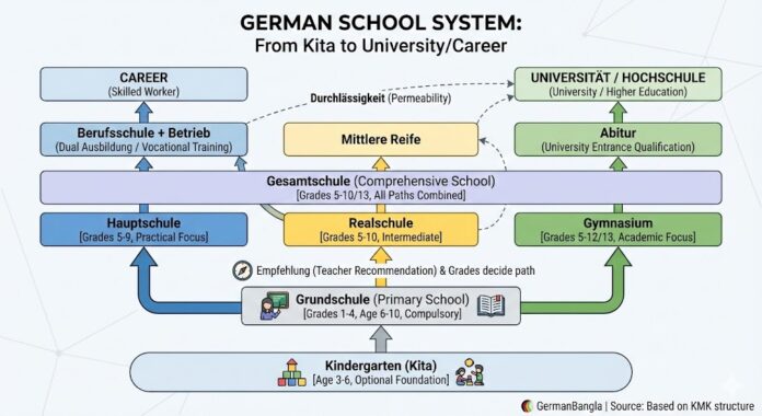Diagram of German School System showing the path from Grundschule to Gymnasium, Realschule, and Hauptschule